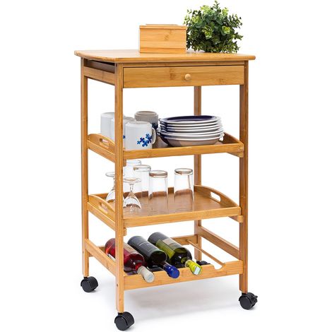 Desserte de cuisine en bambou avec 4 roulettes tiroirs chariot rangement pour assiettes bouteilles vin HxlxP: 80,5 x 50 x 37 cm îlot avec 2 tablettes, nature (1/5)