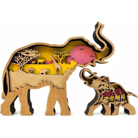 Artisanat du bois 3D Animaux de bois de la forêt ours, loup, cerf Animaux de la forêt Créative Sculpture en bois Décoration de bureau de Noël Décoration de la maison (éléphant) (1/5)