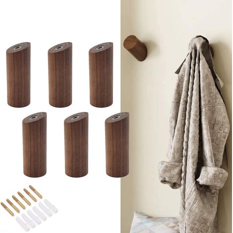 Patère Bois Crochet,Crochets en Bois 6 Pièces Mural Bois Cylindre Crochet Avec 6 Vis,3x8cm Cylindre Crochet de Manteau Mural,pour Vêtements Foulards Chapeaux Chambres Salons (Noir) (1/5)