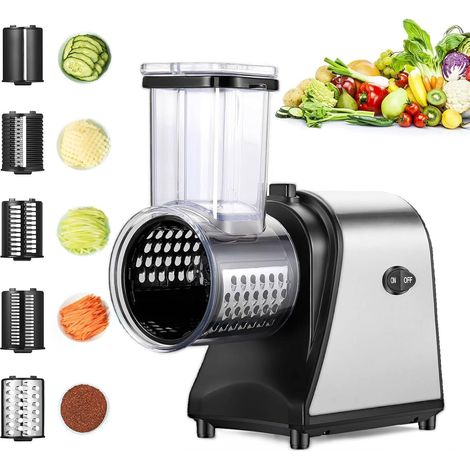 Coupe-légumes électrique en acier inoxydable 250 W Râpe à légumes multifonction avec 5 lames et grande fente de remplissage pour fruits, légumes, fromage et utilisation quotidienne (1/5)