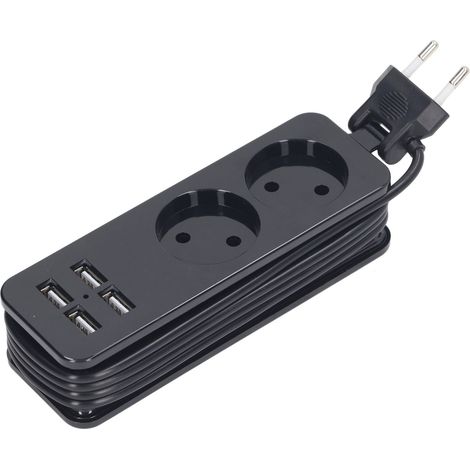 1200-W-Steckdosenleiste (10 A) mit 2 runden Steckdosen und 4 USB-Anschlüssen zum Laden von Mobiltelefonen und Laptops, 250-V-EU-Stecker, Schwarz (1/5)