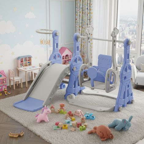 Tobogán infantil 4 en 1, columpio con aro de baloncesto, escalera, balancín y tobogán para jardín interior y exterior - Azul (1/5)