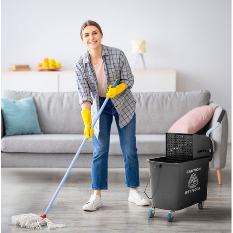 Carrello di pulizia 20 L con strizzatore, 2 scomparti, plastica nera, OKWISH (1/5)