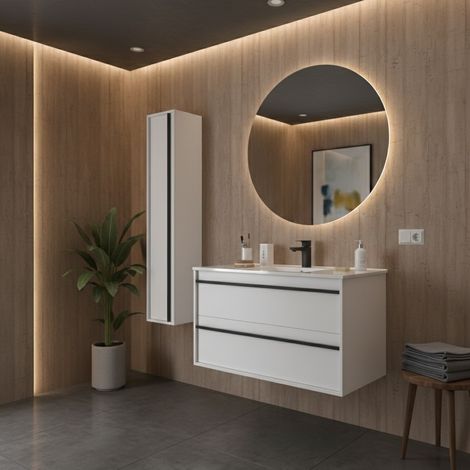 Mobile Bagno Sospeso 100 cm con Lavabo in Ceramica e 2 Cassetti Bianco Satinato – Urban