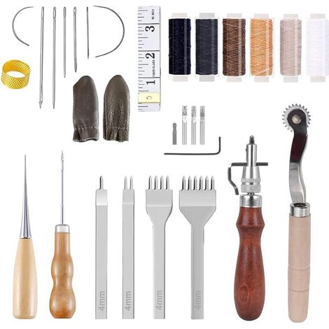 Kit D'artisanat En Cuir 6 Outils De Travail En Cuir À Fil De Cire Avec Cuir Griffe Prong Couture Groover Crease Fil Ciré Scratch Awl Aiguilles à Gros Chas Outils de Couture en Cuir pour Débutants (1/5)