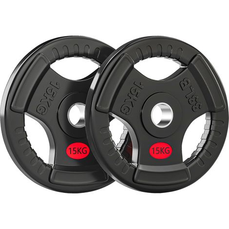 Discos Pesas Olímpicos Agujero Ø50 mm 2x15 kg con Anillo Interior de Acero Triple Agarre para Mancuernas y Barras Negro (1/5)