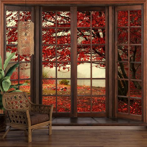 Papier peint panoramique Trompe l'oeil Fenêtre en bois - Forêt - 269 cm x 215 cm (1/5)