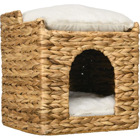 Cueva para gatos de ratán de 2 niveles con cojín de jacinto de agua, marrón, hasta 5 kg (1/5)