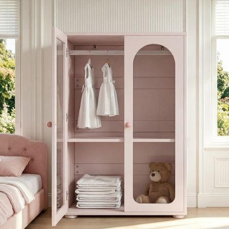 Armoire double porte (finition laquée), idéale pour les chambres d'adultes et d'enfants, avec penderie, portes en acrylique transparent et poignées en céramique  rose pâle  80 × 50 × 120 cm. (1/5)