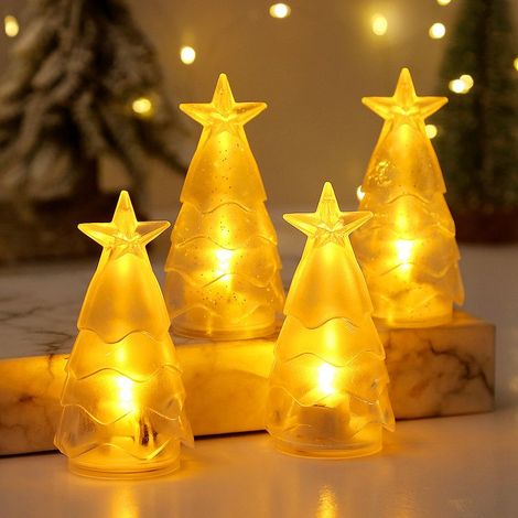 Lot de 4 veilleuses lumineuses pour sapin de Noël, ambiance féérique, bougies électroniques jaune chaud, deux feuilles transparentes et deux feuilles argentées scintillantes (1/5)