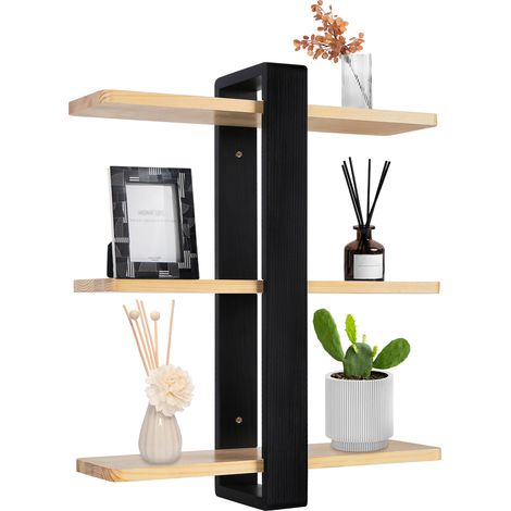 Étagère Murale Longue en Bois, Étagère murale, Organisateur Suspendu et Décoration, pour Maison, Cuisine, Salon, 58x50x16cm, noir (1/5)