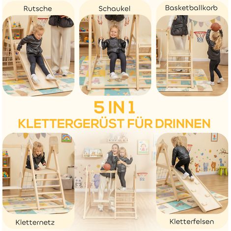 Structure de jeu intérieure 5-en-1 avec toboggan, balançoire, filet d'escalade, panier de basket, pliable, pour enfants 3-6 ans, bois massif naturel