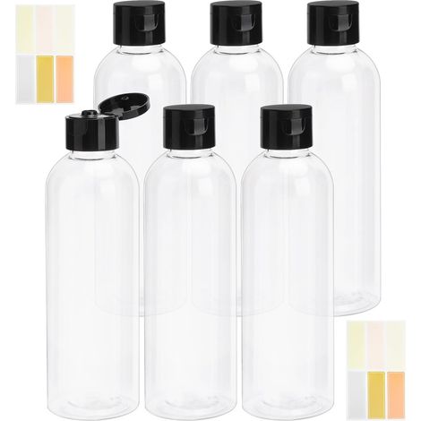 Set of 6 x 200ml Travel Bottles and a Pack of Self-Adhesive Labels. Refillable Travel Bottles with Flip-Top Caps for Shampoo, Conditioner, Lotion, Creams (1/5)