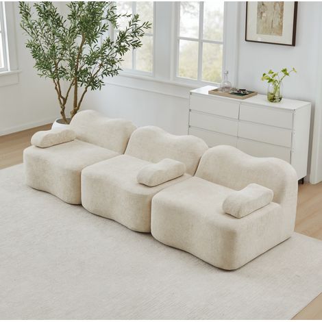 Canapé modulaire 3 places beige en velours avec assise profonde et accoudoir coussin mobile (1/5)