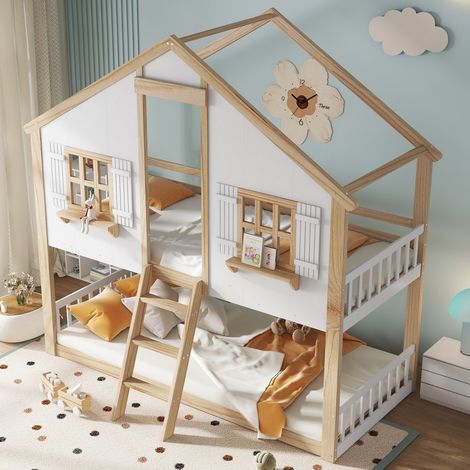 Lit superposé enfant 90x200 avec toit et fenêtres - Barrières de sécurité, sommiers lattes - Pin et MDF - Blanc et naturel (sans Matelas) (1/5)