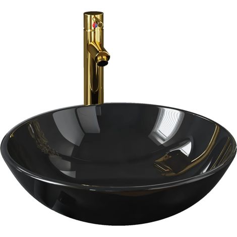Lavabo de bain avec robinet et drain à poussoir Verre trempé (1/5)