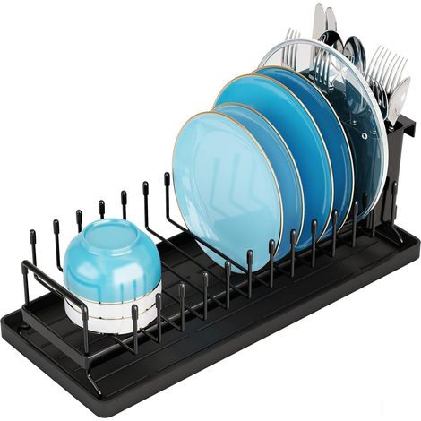 Égouttoir À Vaisselle - Acier Inoxydable Noir - 12 Emplacements Pour Assiettes Couverts Tasses Bols - Compact Pour Petits Espaces - 1 Pièce (1/5)
