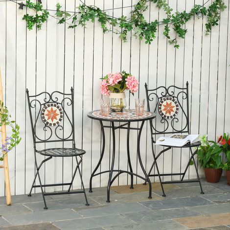 Set da bistrot Outsunny a 3 pezzi per 2 persone, stile ferro battuto, mosaico in ceramica, motivo rosa dei venti, sedie pieghevoli, metallo verniciato a polvere epossidica nera.