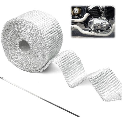 Bande Thermique Echappement, 5m x 5cm Bande d'Échappement avec 2 Attaches de Câble Isolant Thermique Echappement pour Tuyeau Collecteur Echappement Moto Bande Isolante Thermique, 1 Pièces, Blanc (1/5)