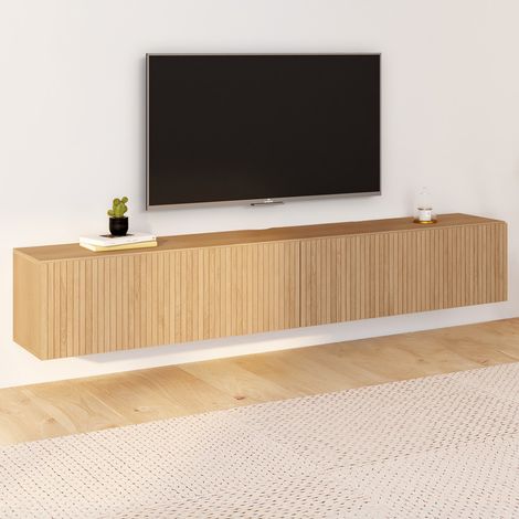 Mueble TV suspendido JULIETTE 180 cm con 2 puertas de lamas color roble (1/5)