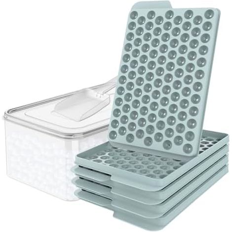 Mini Eiswürfelformen, Verbesserte Runde Eiswürfelform, 104 x 4 Stück kleine Eiswürfel zum Kühlen von Getränken, Kaffee, Saft(4 Stück blaue Eiswürfelformen & Eisbehälter & Eisschaufel) (1/5)