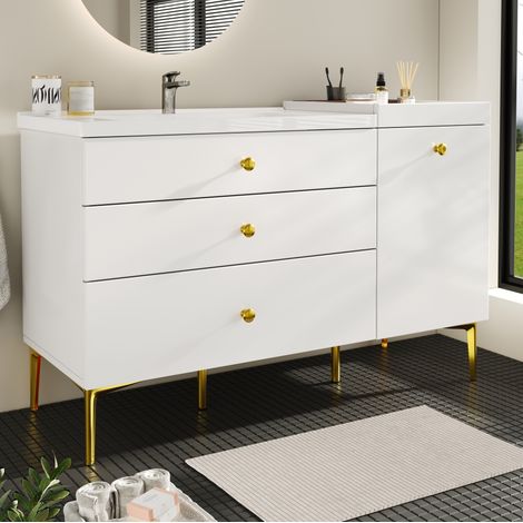 Mueble de baño MDF blanco con lavabo de cerámica, 120x47,5x80 cm, con cajones y armario (1/5)