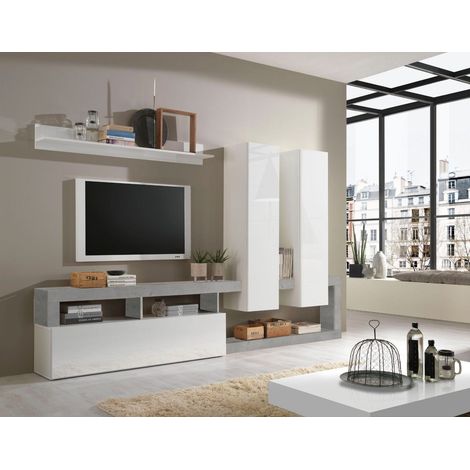Parete attrezzata Big linea Frame in Bianco Lucido e Cemento