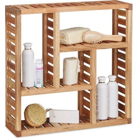 étagère murale en bois de noyer – 5 compartiments – Dimensions H50 x L50 x P15 cm – Fixation murale facile – Pour salle de bain, salon, couloir (1/5)