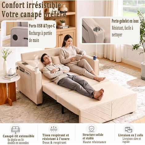 Sofá cama deslizante con USB tapizado beige OKMYHOME (1/5)