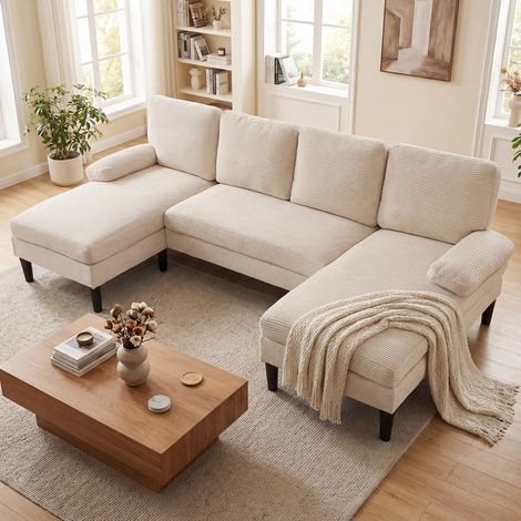 Canapé modulable en U beige 5-6 places 258 cm en velours côtelé avec méridiennes et assise convertible pour salon et espace détente (1/5)