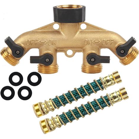 Collettore di rubinetti per tubo flessibile a 4 vie, collettore di rubinetti per tubo flessibile, distributore con 3 connettori in ottone per irrigazione da giardino da 3/4 di pollice (1/4)