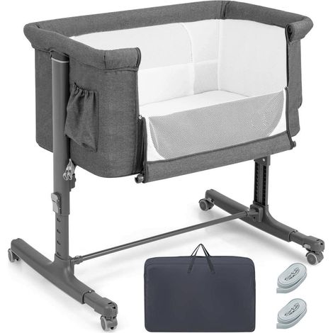 Cadre Acier Berceau Bébé Cododo 3 en 1 Hauteur Réglable 5 Niveaux Inclinable 10° avec Sac De Transport Chambre Gris (1/5)
