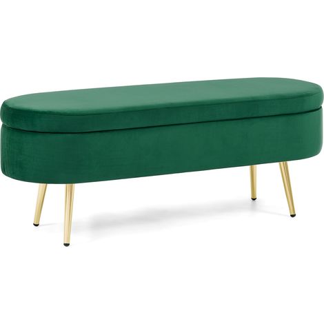Banc de rangement multifonction en velours vert, structure en bois massif, pieds métalliques, 110x40x42 cm (1/5)