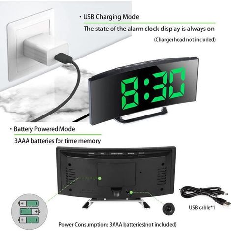Réveil numérique USB, grand écran miroir LED de 7 pouces, température, date,charge USB et alimentation par batterie. (1/4)