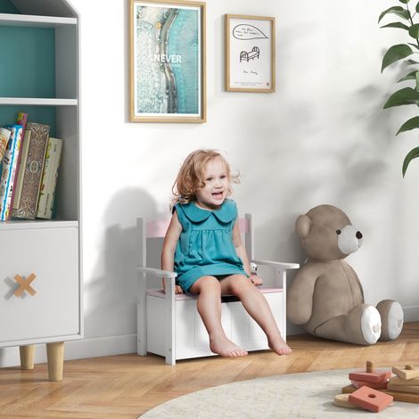 Banc de rangement 30 kg 68,5x34x58 cm Rose blanc pour enfants avec dossier Couvercle absorbant les chocs Charge pour les salles de jeux et