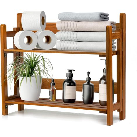 Étagères flottantes en bois de teck pour salle de bain, support mural pliable, 2 étagères (1/5)