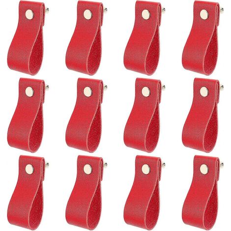 Lot de 12 poignées de tiroir en cuir rouge, faites main, pour portes de placards, armoires et penderies de cuisine et salle de bain. (1/5)