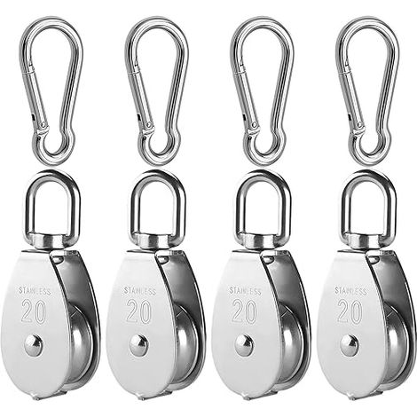 Kit de Poulie de Levage, M20 Poulie Cable Acier Inoxydable avec Mousqueton M5, Bloc de Poulie Pivotant 360° Poulie à Crochet Poulie Rouleau Charge 75kg (1/5)