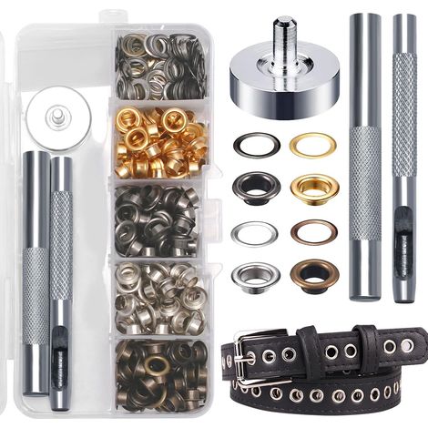 200 Kits - Oeillet Métal - Outil Pose - Fixation Cuir Toile Vêtement - 4 Couleurs - 5mm x 8.5mm (1/5)