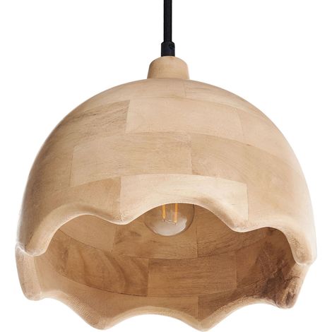 Lampe Suspendue Moderne Boho en Bois de Manguier avec Abat-Jour Rond Marron Clair Gomati