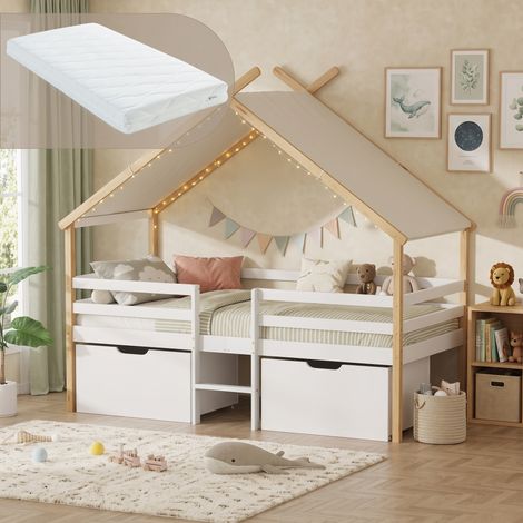 Hausbett Surnadal mit Matratze 90x200 cm Kiefernholz Weiß/Natur [en.casa] (1/5)
