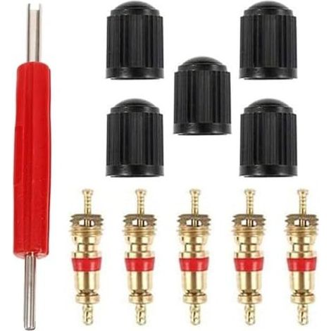 Demonte Obus Extracteur Valve 2 Côtés 1 Clé 5 Capuchons Embouts Réparation Pneu Voiture Rouge - (1/5)