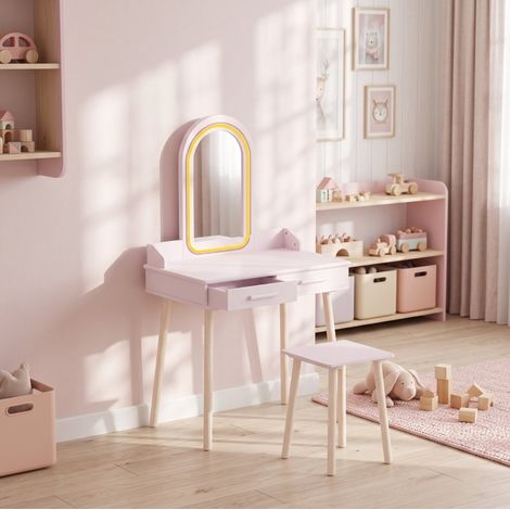 Coiffeuse enfant 2-en-1 rose avec miroir LED à 3 couleurs, 2 tiroirs et tabouret, table de maquillage et bureau d’activités pour fille de 3 à 8 ans - CHICFURN (1/5)