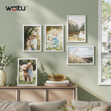 WOLTU 10x Bilderrahmen, Massivholz Fotorahmen mit Passepartout, Posterrahmen zum vertikalen oder horizontalen Aufhängen und Aufstellen, 10x15 cm, Weiß (1/5)