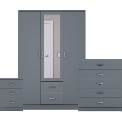 Riano 3 Piece Bedroom Set (3 Drw Bedside Chest, 5 Drw Chest, 3 Dr 2 Drw Mirrored Wardrobe), Grey (1/3)