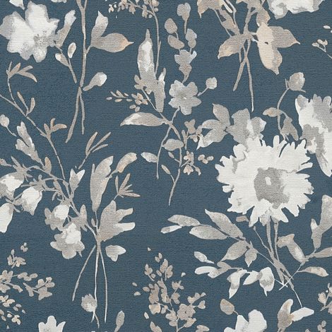 Blumen Tapete Profhome 790615 heißgeprägte Vliestapete leicht strukturiert mit floralen Ornamenten und Metallic Effekt blau silber beige creme-weiß 5,33 m2