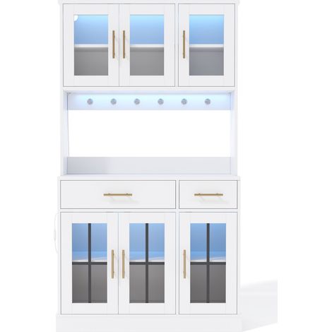 Credenza da cucina bianca in MDF con striscia LED e presa, 6 ante e 2 cassetti, 100 x 40 x 180 cm (1/5)