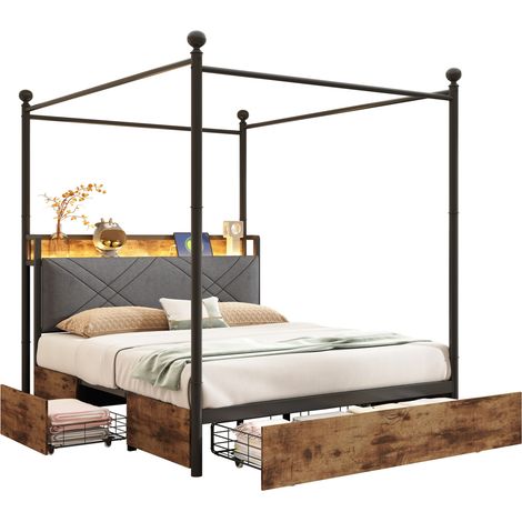 Lit double avec baldaquin amovible, rangements, LED et ports USB/Type-C, structure en métal noir et panneaux bois, 140 x 190 cm - CHICFURN (1/5)