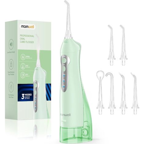 Hydropulseur Jet Dentaire Portable et Irrigateurs Oral 3 modes, 4 Embouts Remplaçables, Rechargeable et Étanche IPX7, Réservoir 300ML (Vert) (1/5)
