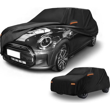 Wasserdichte Ganzjahres-Autoabdeckung für Fahrzeuge im Außenbereich, UV-, Sonnen- und Regenschutz, vollständige Außenabdeckung für Mini Cooper 4-Türer, Schwarz mit reflektierenden Streifen